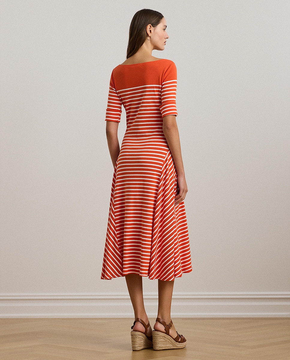 Vestido Midi de Manga Curta às Riscas Laranja-3