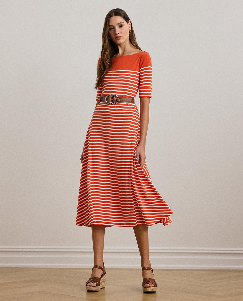 Vestido Midi de Manga Curta às Riscas Laranja-1