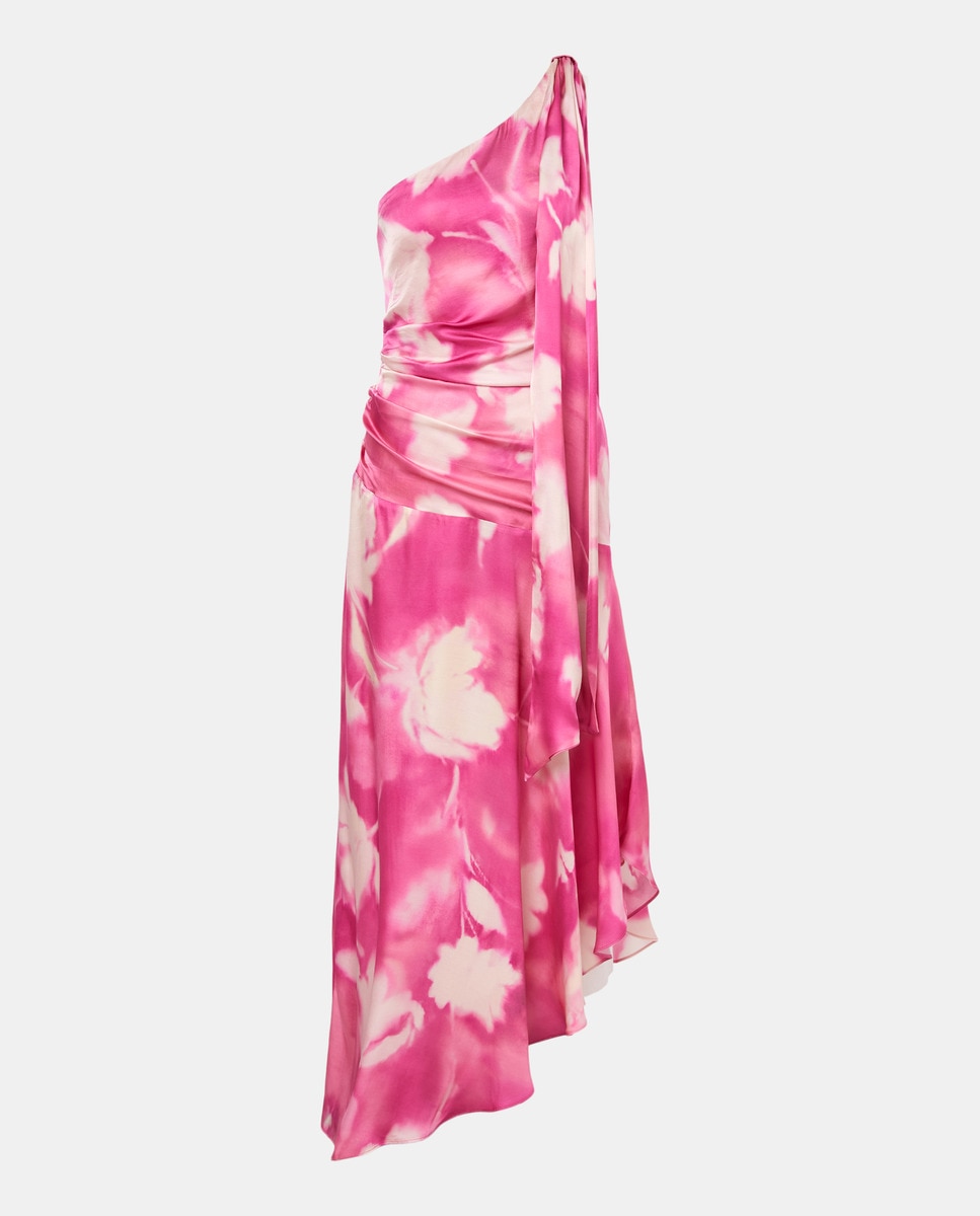 Vestido com Decote Assimétrico Estampado Rosa-4
