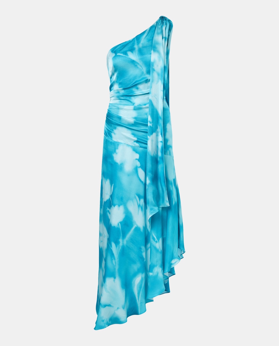 Vestido com Decote Assimétrico Estampado Azul-4