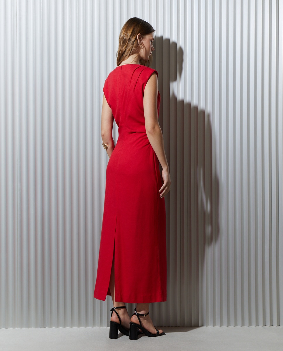 Vestido Comprido de Linho sem Mangas Vermelho-3