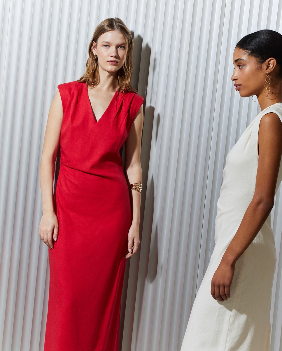 Vestido Comprido de Linho sem Mangas Vermelho-1