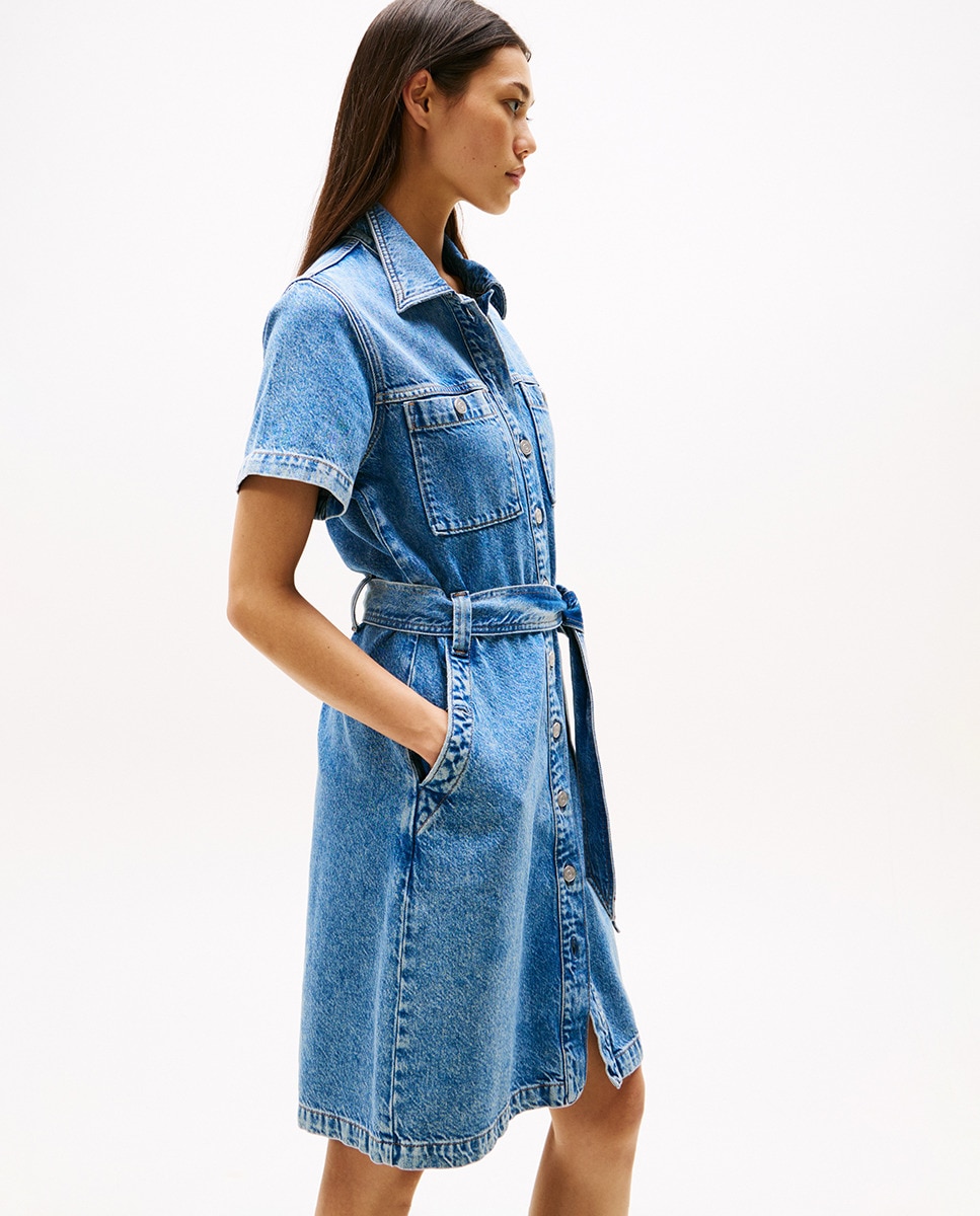 Vestido Curto de Ganga com Cinto Azul-3