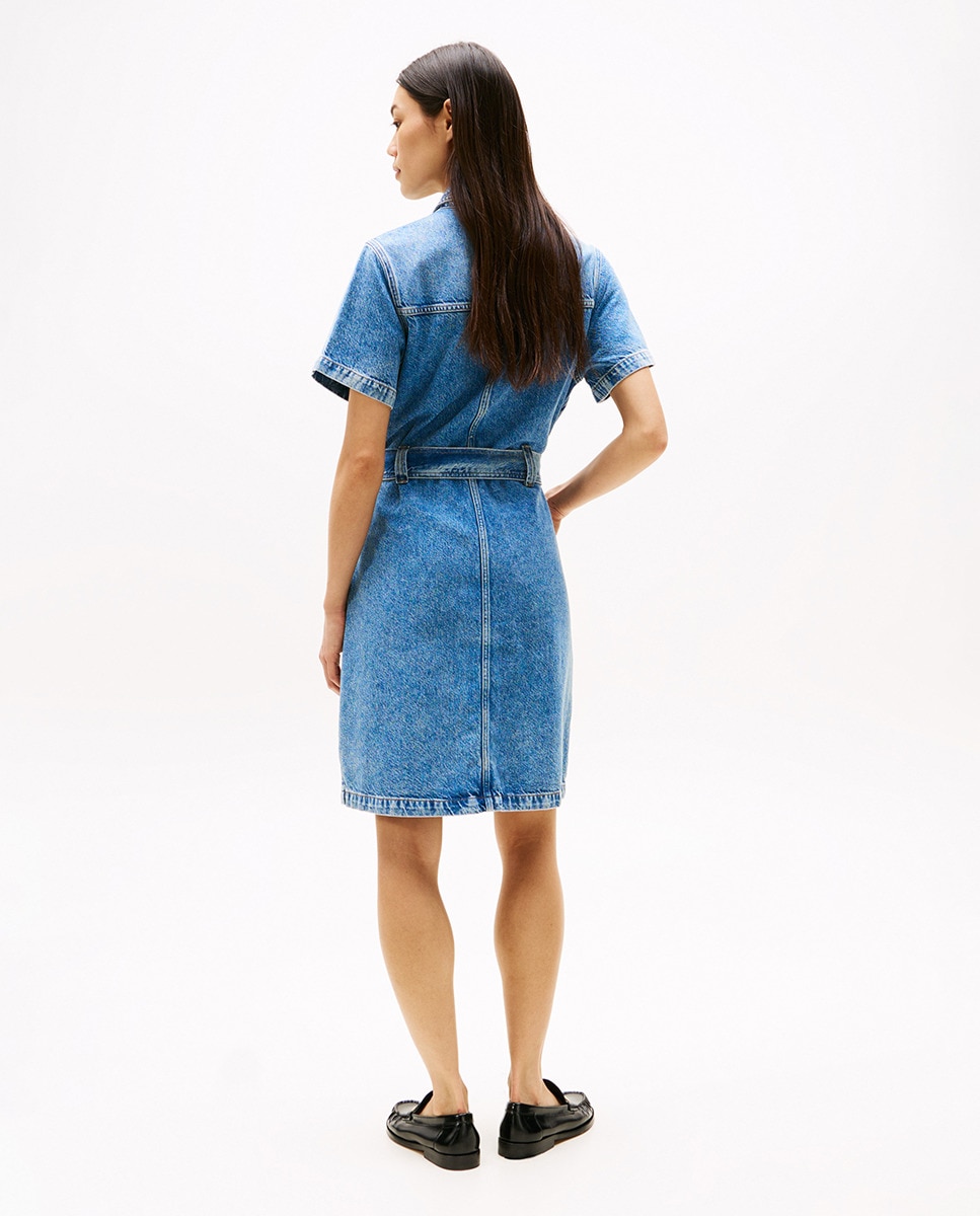 Vestido Curto de Ganga com Cinto Azul-2