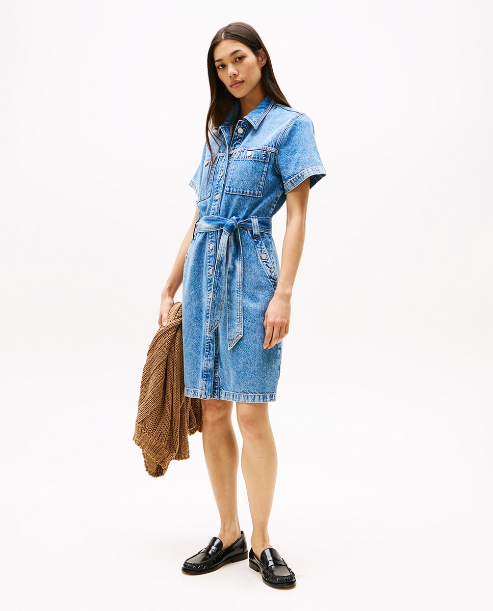 Vestido Curto de Ganga com Cinto Azul-1