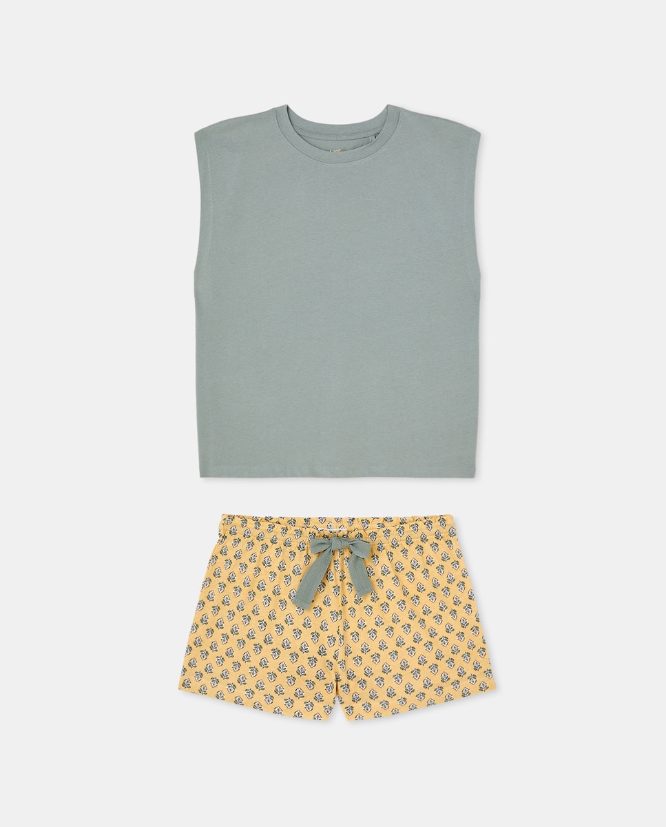 Pijama de mujer punto corto algodón estampado Verde Agua-3