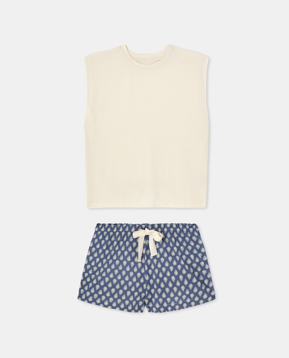 Pijama de mujer punto corto algodón estampado Blanco-3