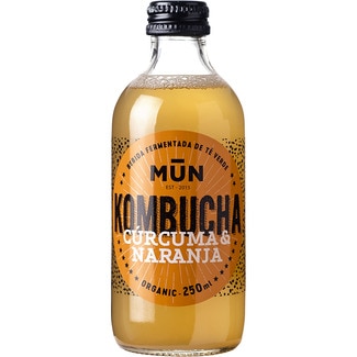kombucha bebida fermentada de té verde con cúrcuma y naranja ecológica, sin gluten botella 250 ml vegana y  baja en azúcar - Mun