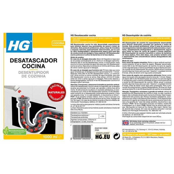desatascador cocina con enzimas naturales orgánicas botella 1 l