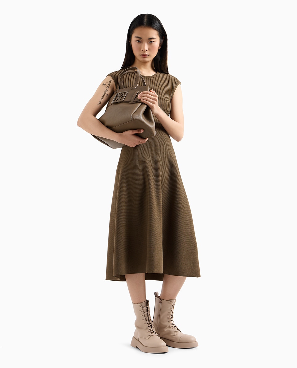 Vestido de Malha Midi Justo em Forma de Sino Caqui-3