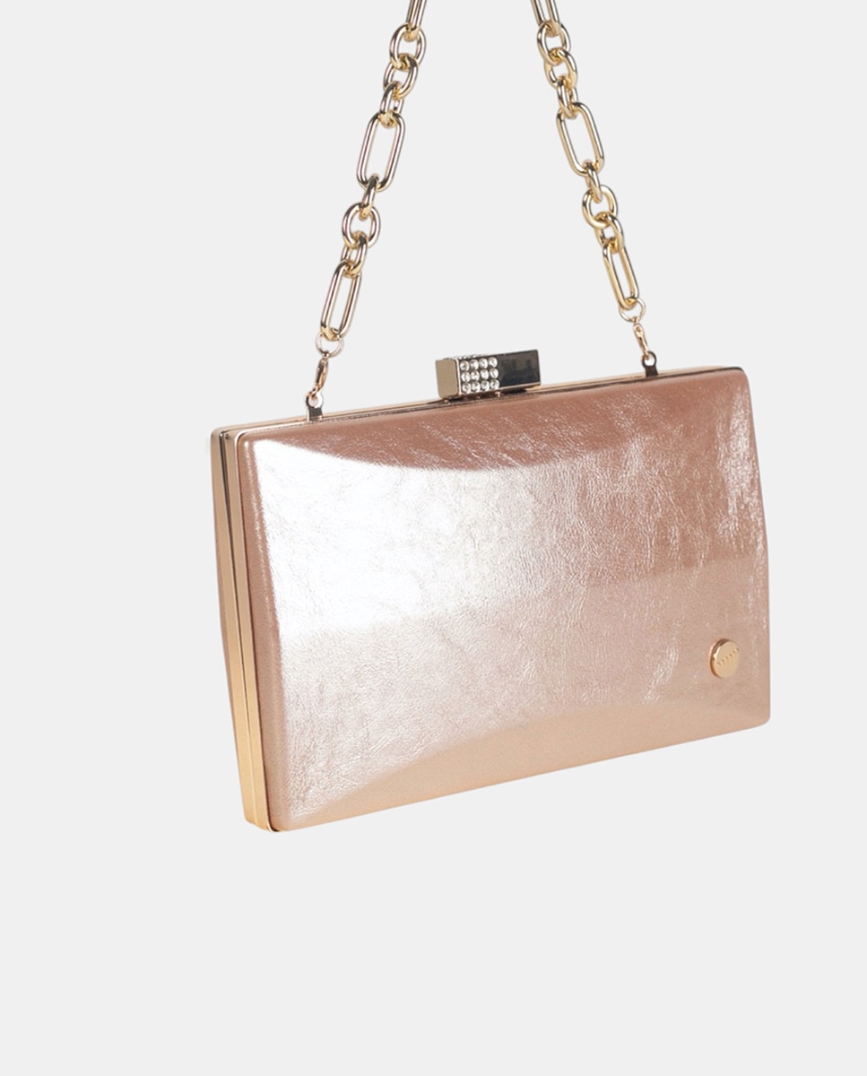Mala Clutch Retangular com Acabamento Madrepérola e Tabatier de Metal com Detalhes de Mini Cristais - Nude Nude-3