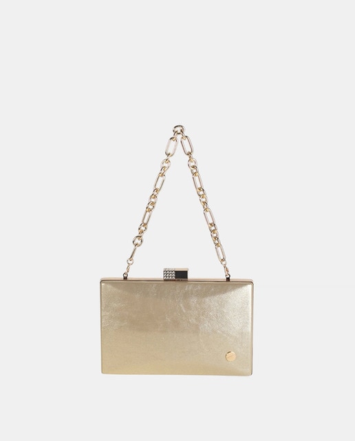 Imagem 0 de Mala Clutch Retangular com Acabamento Madrepérola e Tabatier de Metal com Detalhes de Mini Cristais - Dourado