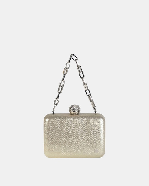 Imagem 0 de Mala Clutch Quadrada com Cantos Arredondados Forrada em PU com Efeito de Pitão a Condizer e Acabamento Madrepérola - Dourado