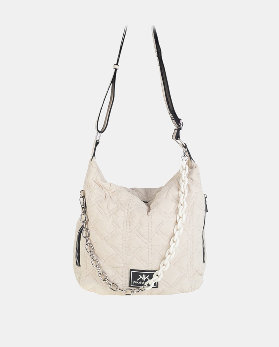 Mala a Tiracolo com Efeito Acolchoado e Logótipo K - Branco Sujo Bege-1