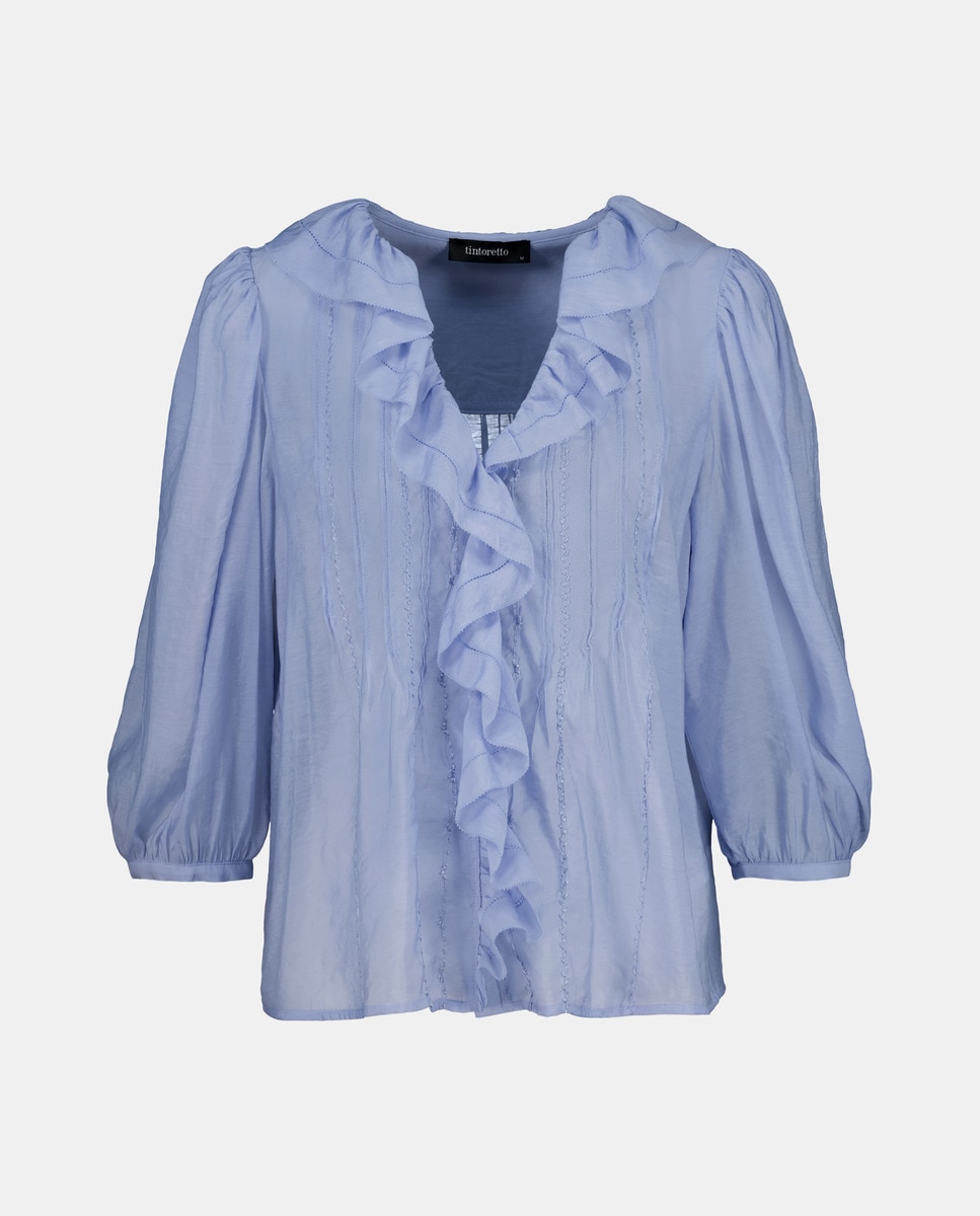 Blusa de Manga Comprida com Folho e Bordados 410 Azul Claro-4