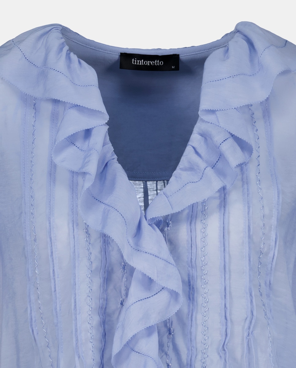 Blusa de Manga Comprida com Folho e Bordados 410 Azul Claro-5