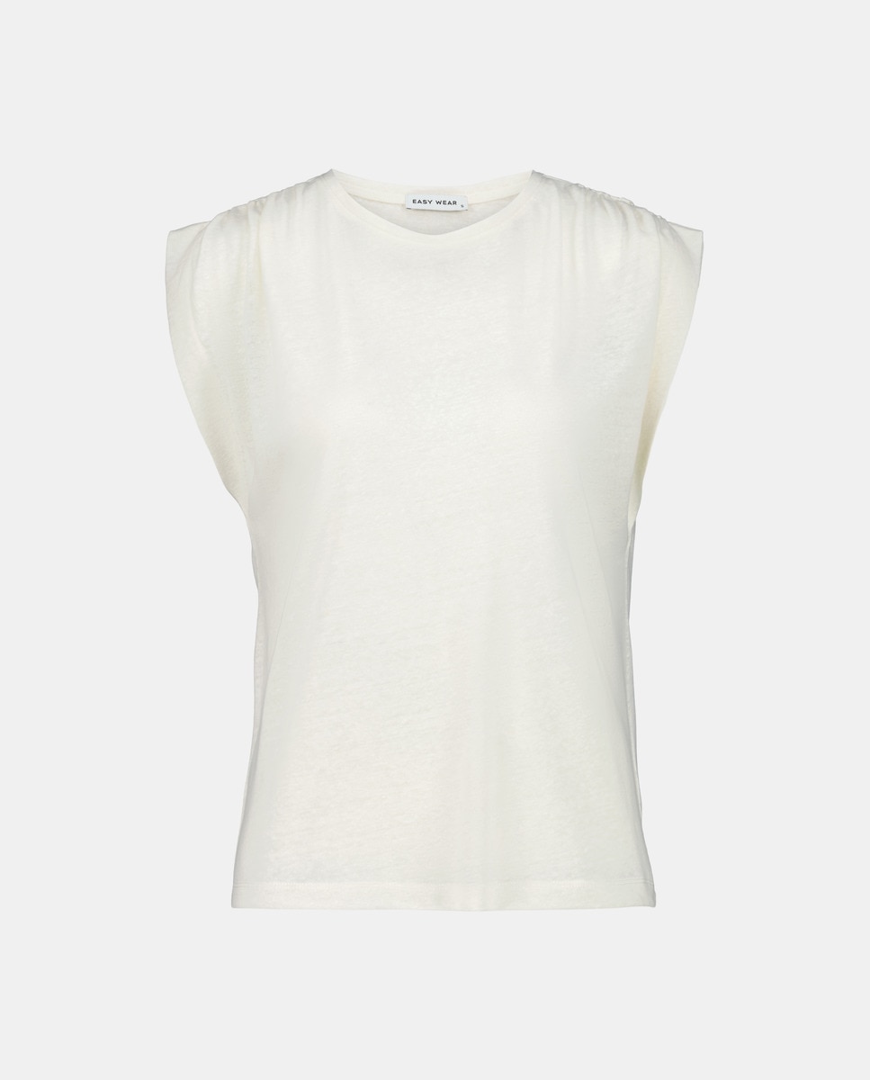 T-shirt com Franzidos no Ombro e Linho 120 Cru-4