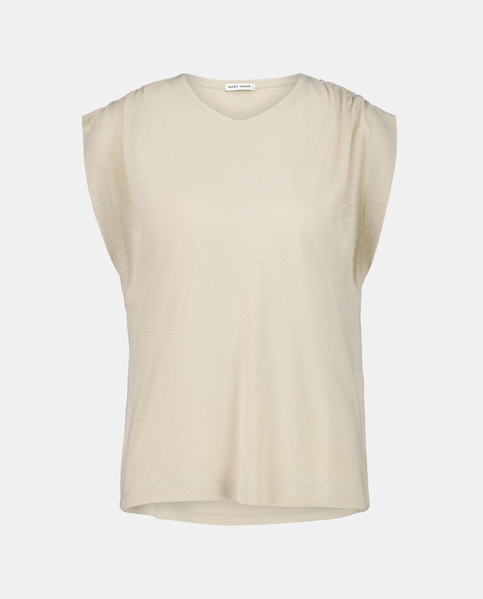 T-shirt com Franzidos no Ombro e Linho Bege-4