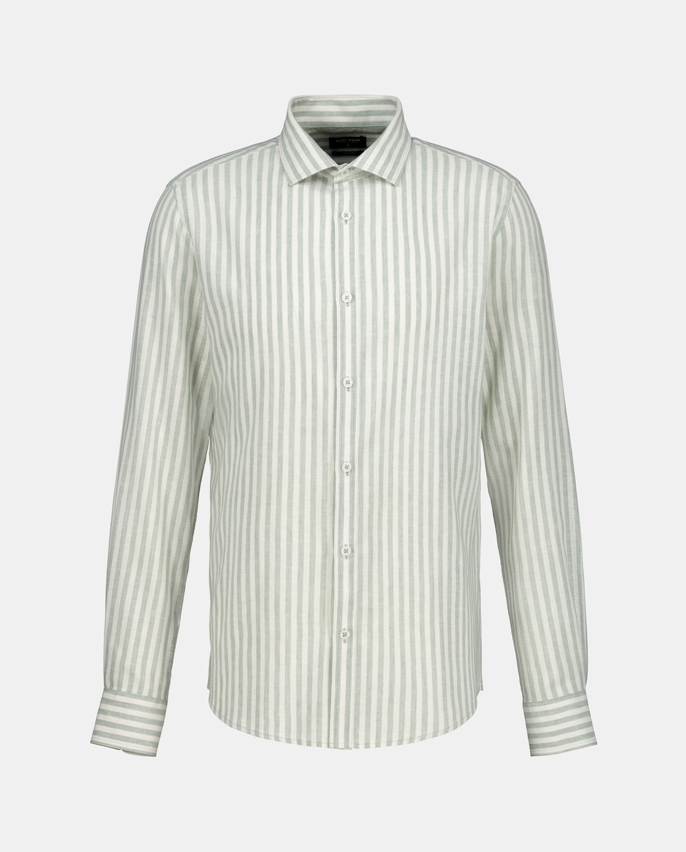 Camisa de Linho às Riscas com Manga Comprida Verde-4