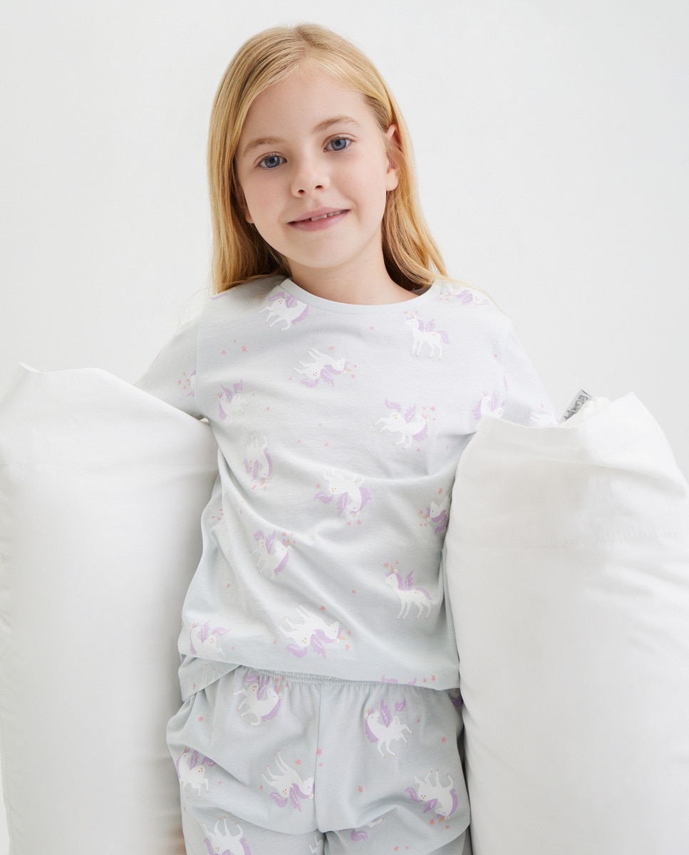 Pijama Curto com Estampado de Unicórnios Azul-1