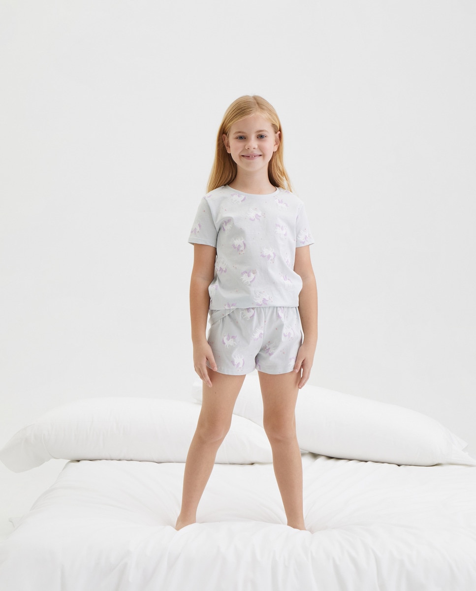Pijama Curto com Estampado de Unicórnios Azul-2