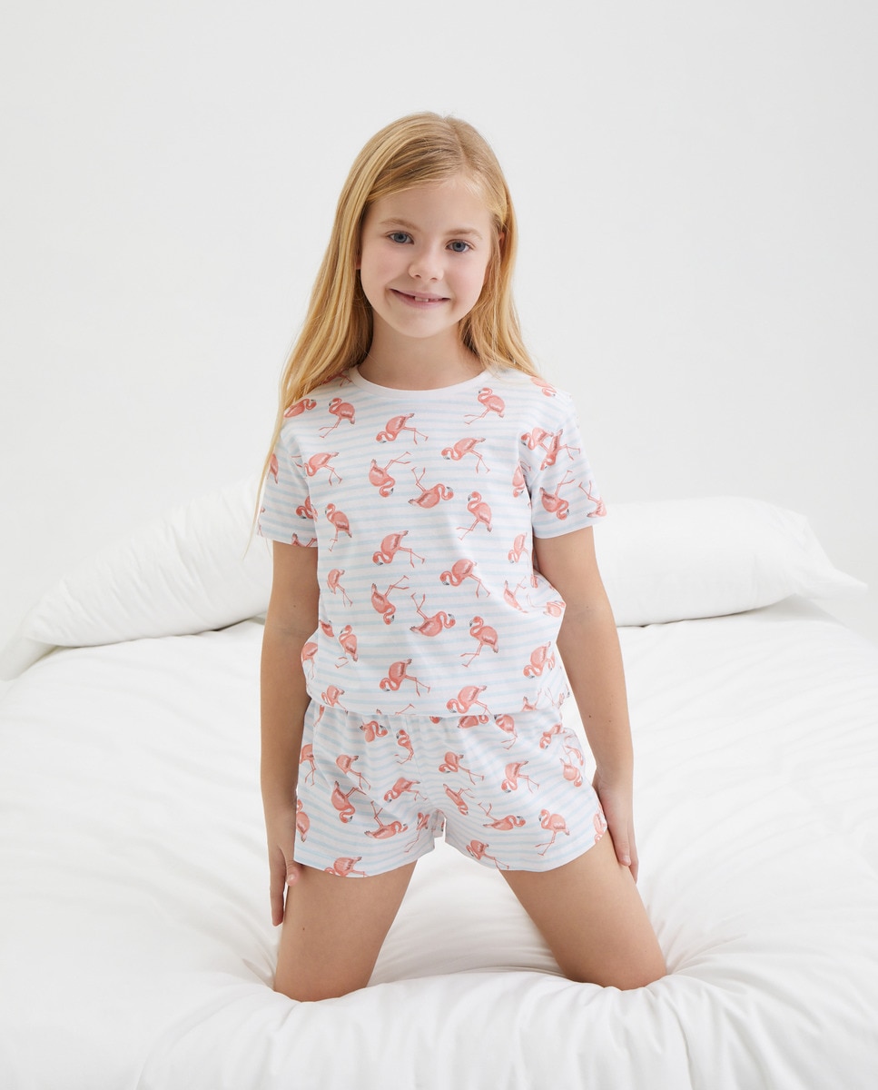 Pijama Curto com Flamingos Azul-1