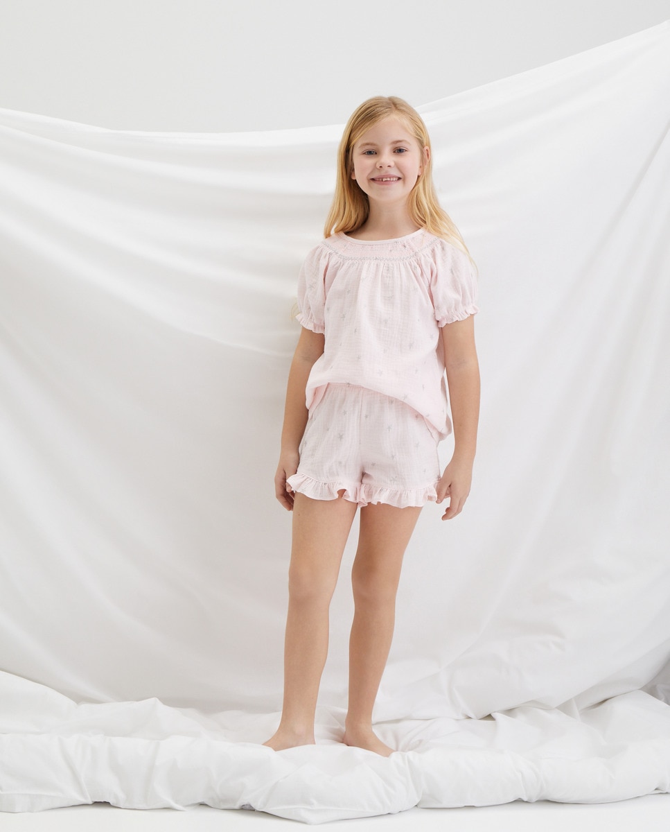 Pijama Curto Smock com Estampado Combinado Rosa-1