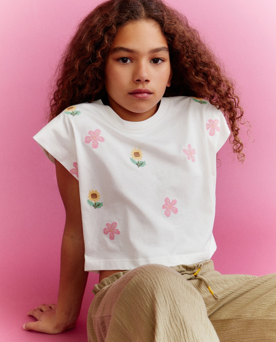 T-shirt de Manga Curta com Ponto de Cruz Branco-1