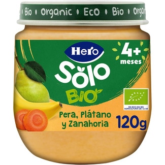tarrito de pera plátano y zanahoria 100% ecológico y sin gluten desde 4 meses envase 120 g - Hero Solo