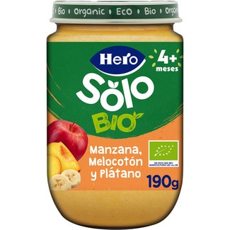 tarrito de manzana, melocotón y plátano 100% ecológico y sin gluten desde 4 meses envase 190 g - Hero Solo