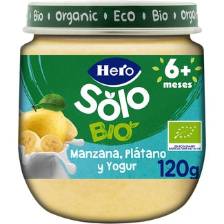 tarrito de manzana, plátano y yogur 100% ecológico y sin gluten desde 6 meses envase 120 g - Hero Solo