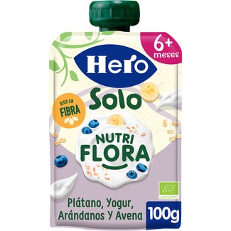 Nutri Flora bolsita de plátano, yogur, arándanos y avena ecológica desde 6 meses 100 g - Hero Solo
