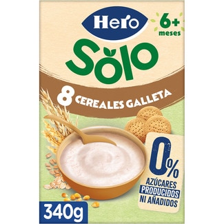 papilla de 8 cereales con galleta 0% azúcares producidos ni añadidos desde 6 meses envase 340 g - Hero Solo