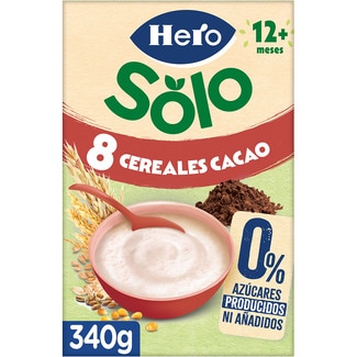 papilla de 8 cereales con cacao 0% azúcares producidos ni añadidos desde 12 meses envase 340 g - Hero Solo