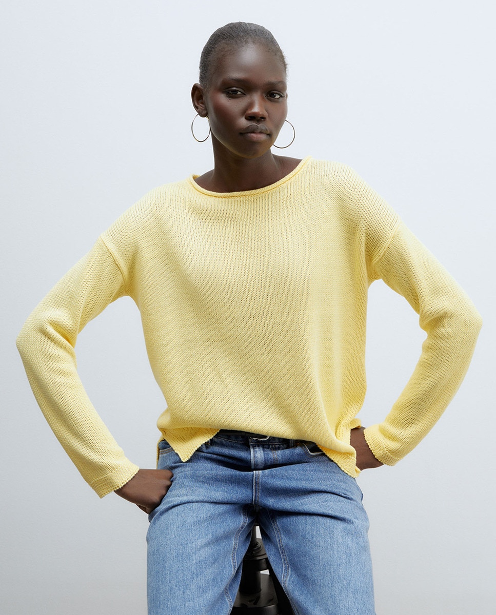 Camisola de Malha Lisa com Fitas Amarelo-5