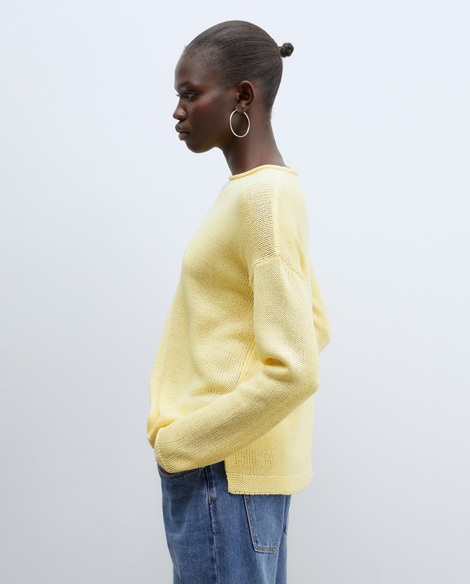 Camisola de Malha Lisa com Fitas Amarelo-4