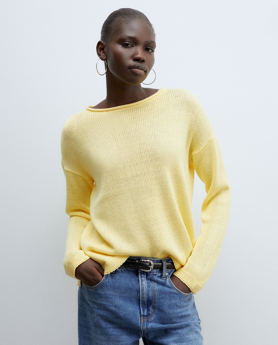 Camisola de Malha Lisa com Fitas Amarelo-1