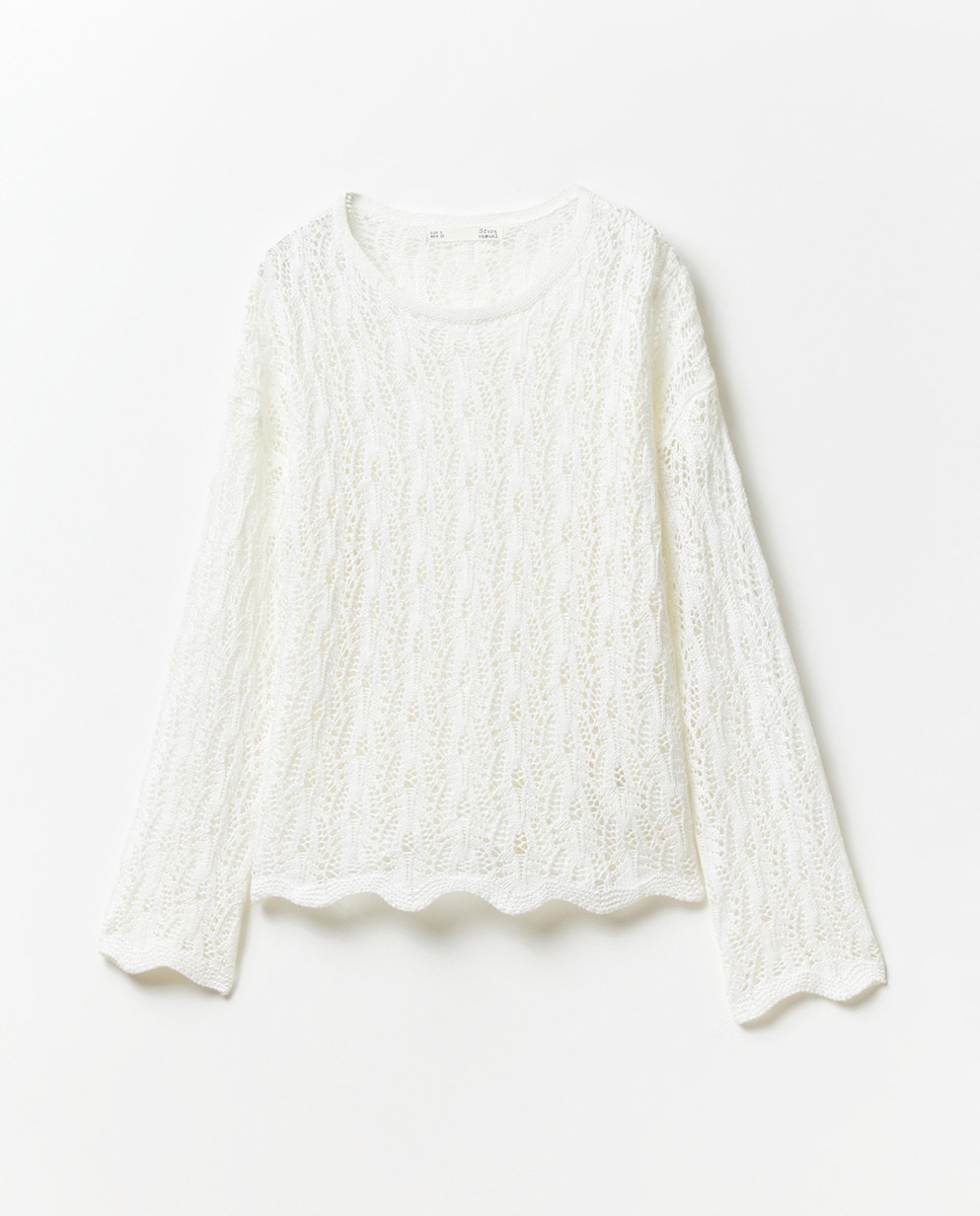 Camisola de Malha com Fitas e Rendilhados Branco-6