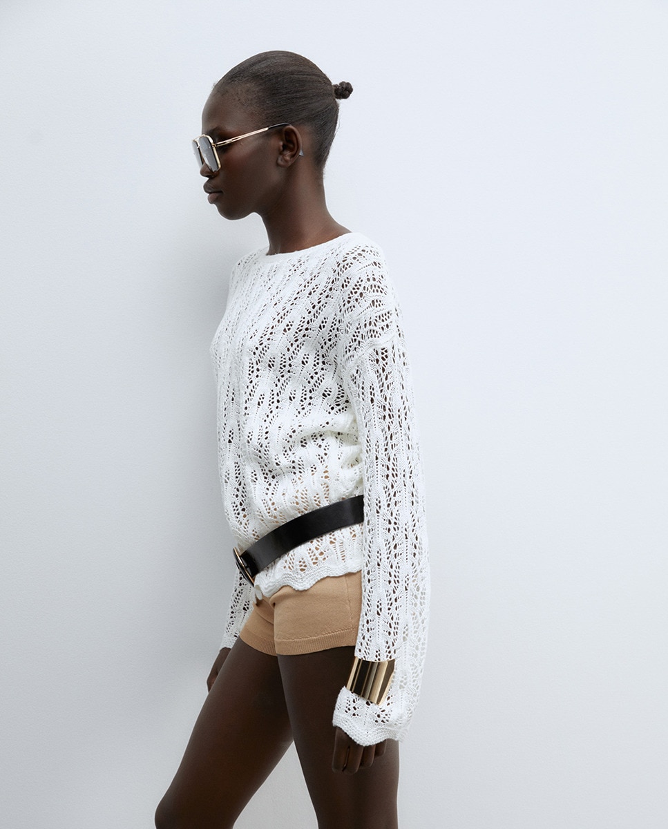 Camisola de Malha com Fitas e Rendilhados Branco-4