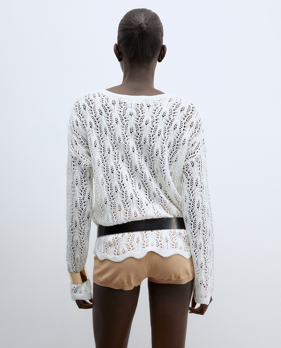 Camisola de Malha com Fitas e Rendilhados Branco-2