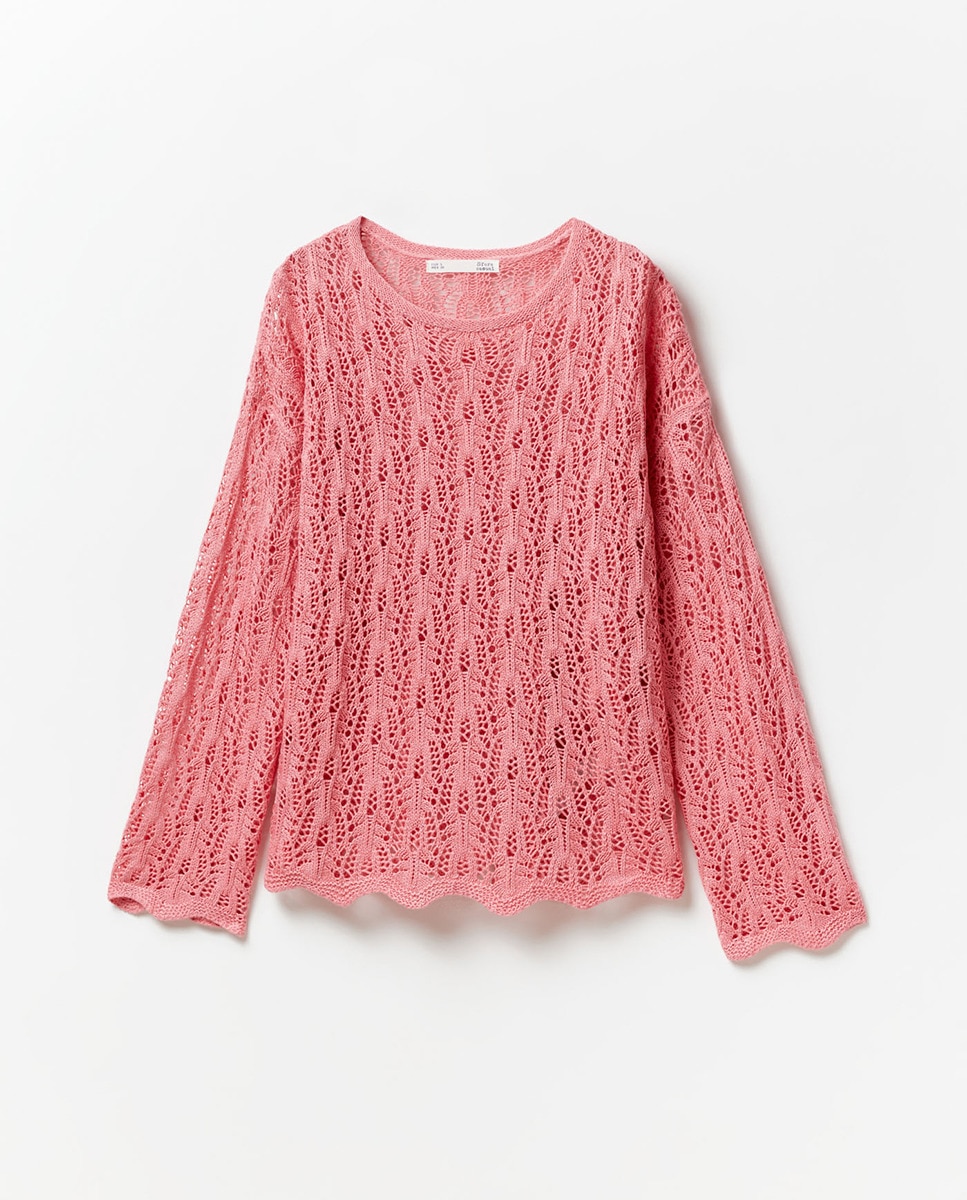Camisola de Malha com Fitas e Rendilhados Rosa-5