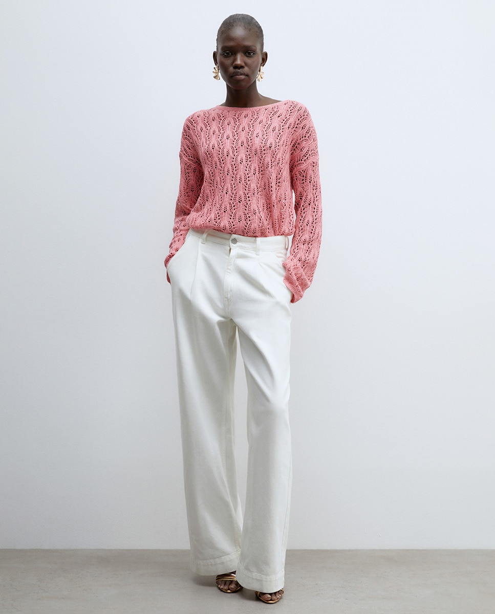 Camisola de Malha com Fitas e Rendilhados Rosa-6