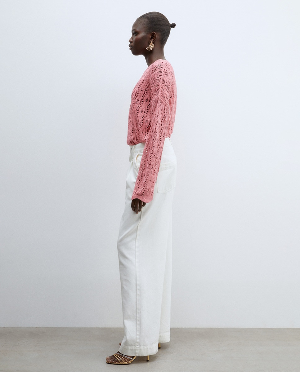 Camisola de Malha com Fitas e Rendilhados Rosa-4