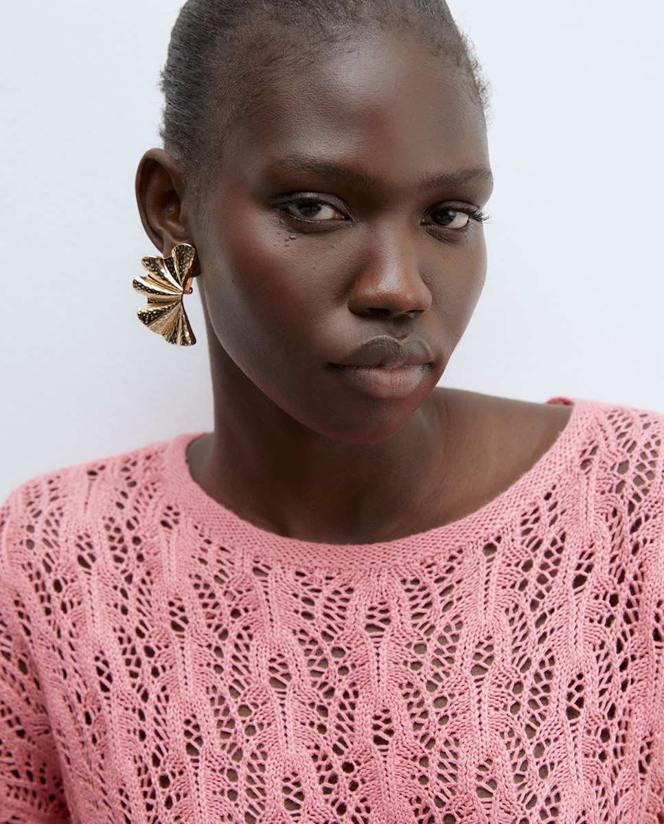 Camisola de Malha com Fitas e Rendilhados Rosa-3