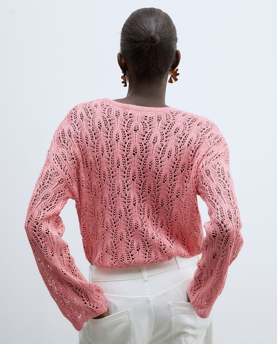 Camisola de Malha com Fitas e Rendilhados Rosa-2