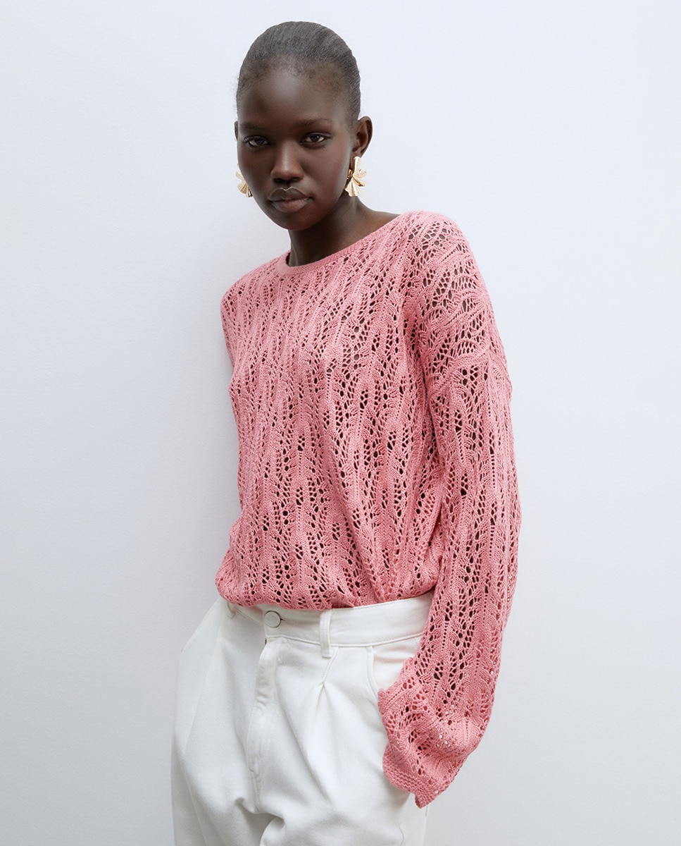 Camisola de Malha com Fitas e Rendilhados Rosa-1