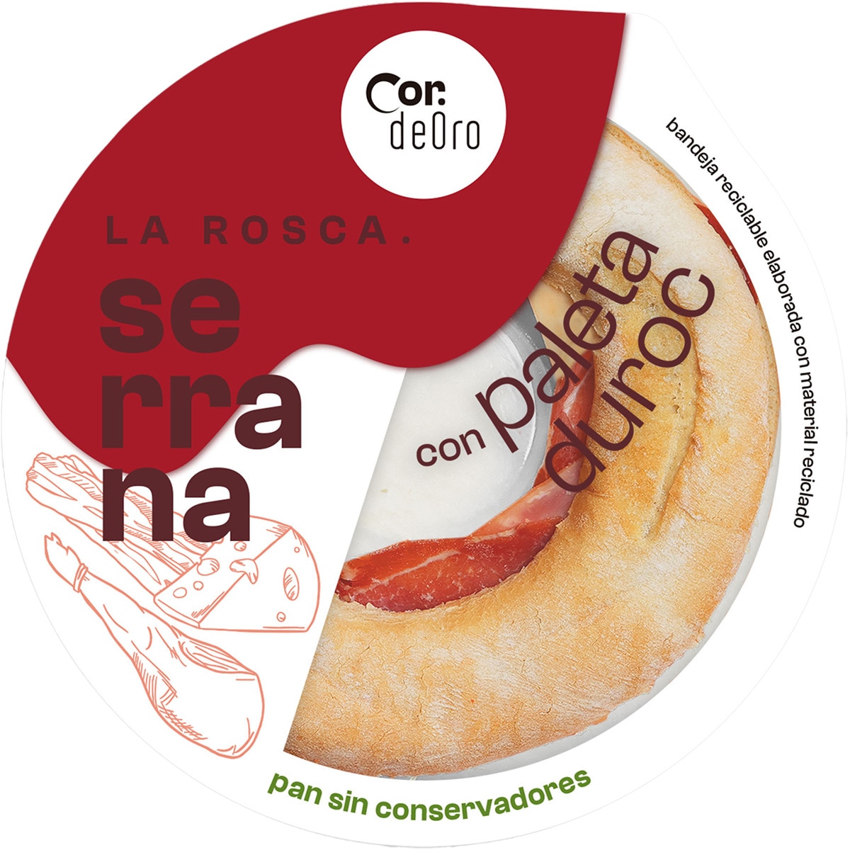 rosca de pan con paleta curada, bacon, queso fundido y salsa de tomate envase 480 g