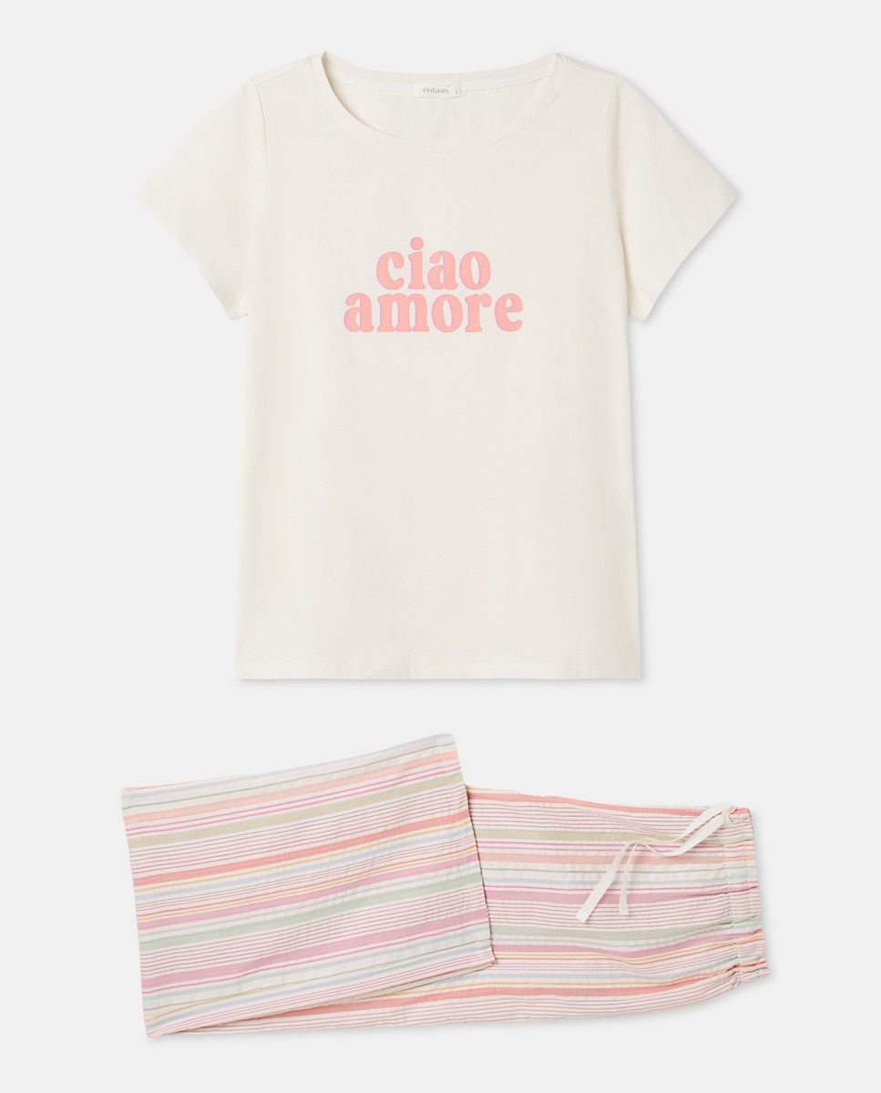 Pijama com Calças às Riscas e T-shirt com Estampado Posicional de Letras Multicolor-4