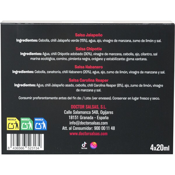 single-dose spicy sauces jalapeño, chipotle, habanero + carolina reaper 4x20 ml case 80 ml