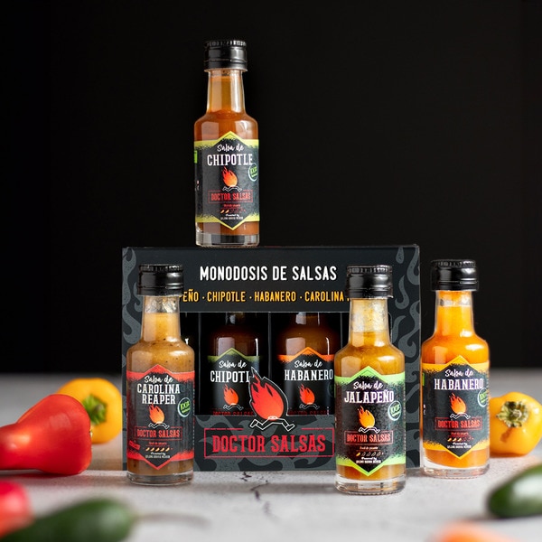 single-dose spicy sauces jalapeño, chipotle, habanero + carolina reaper 4x20 ml case 80 ml